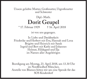 Traueranzeige von Dorit Geupel von Süddeutsche Zeitung