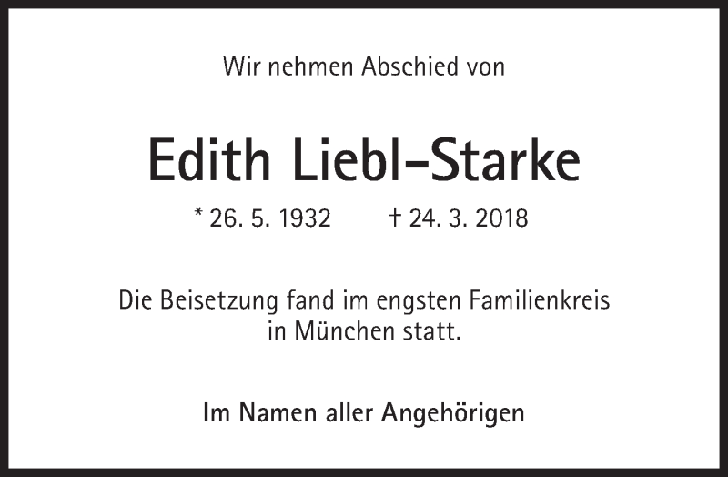  Traueranzeige für Edith Liebl-Starke vom 21.04.2018 aus Süddeutsche Zeitung