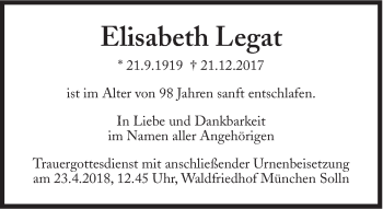Traueranzeige von Elisabeth Legat von Süddeutsche Zeitung