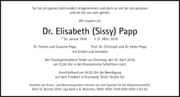 Traueranzeige von Elisabeth Papp von Süddeutsche Zeitung