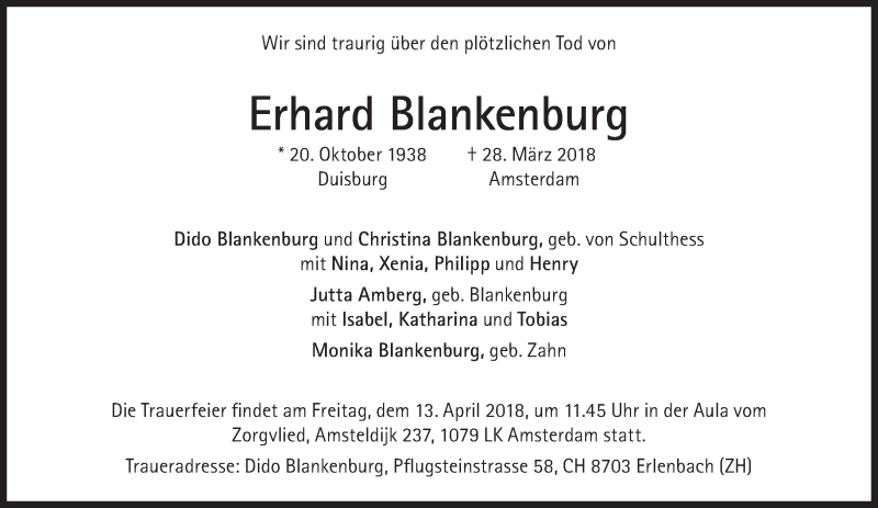  Traueranzeige für Erhard Blankenburg vom 07.04.2018 aus Süddeutsche Zeitung