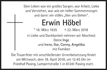Traueranzeige von Erwin Höbel von Süddeutsche Zeitung