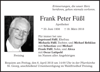 Traueranzeige von Frank Peter Füßl von Süddeutsche Zeitung