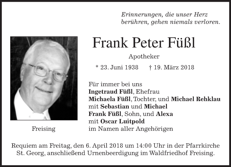  Traueranzeige für Frank Peter Füßl vom 03.04.2018 aus Süddeutsche Zeitung