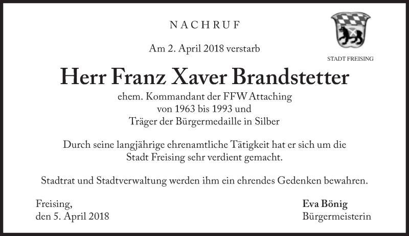  Traueranzeige für Franz Xaver Brandstetter vom 06.04.2018 aus Süddeutsche Zeitung