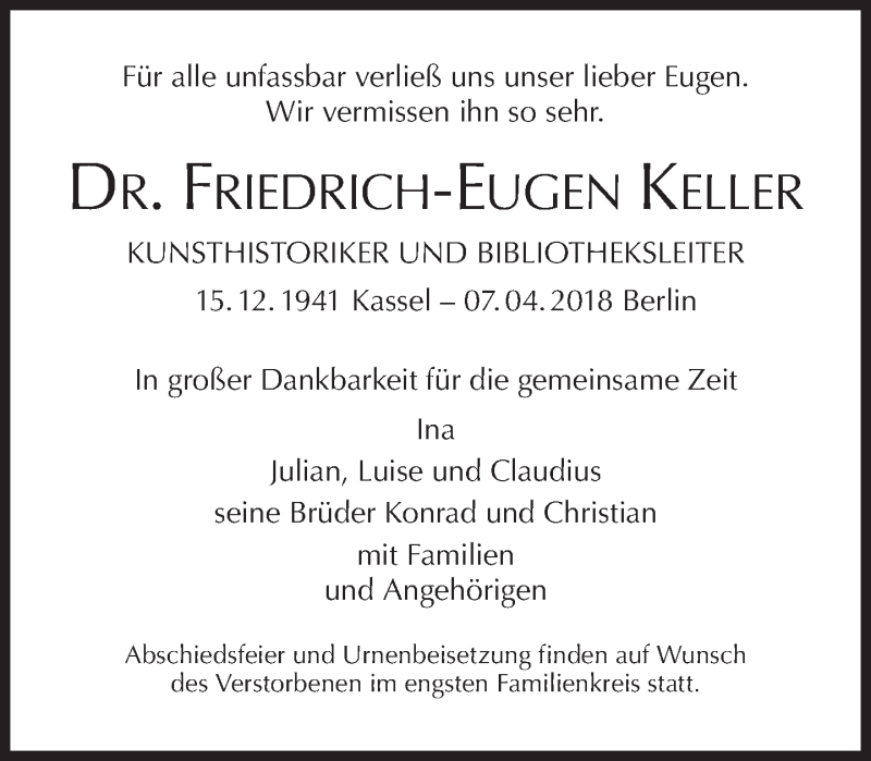  Traueranzeige für Friedrich-Eugen Keller vom 21.04.2018 aus Süddeutsche Zeitung