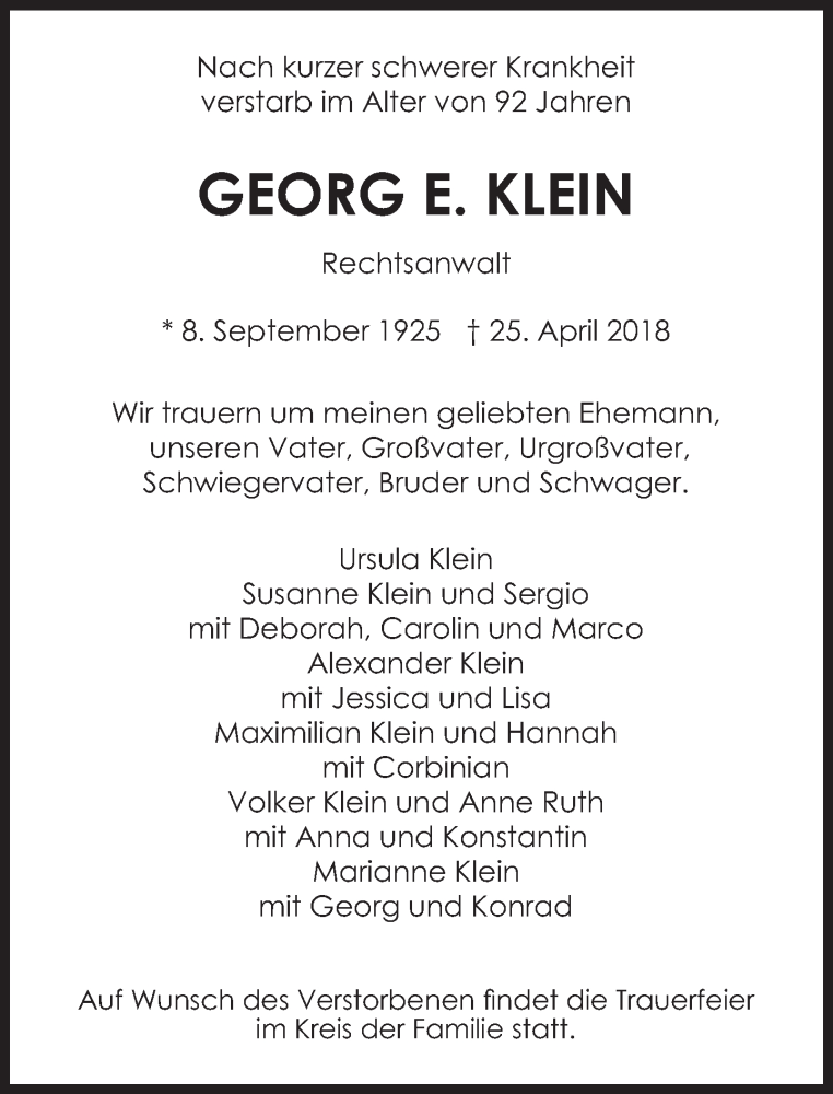  Traueranzeige für Georg E. Klein vom 28.04.2018 aus Süddeutsche Zeitung
