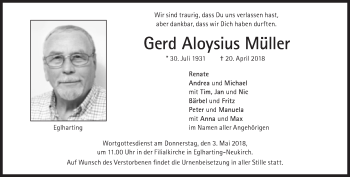 Traueranzeige von Gerd Aloysius Müller von Süddeutsche Zeitung