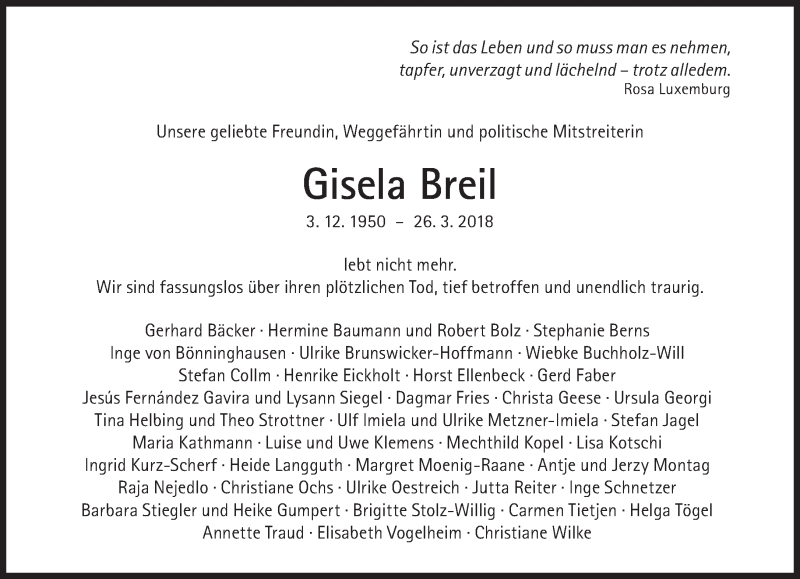  Traueranzeige für Gisela Breil vom 03.04.2018 aus Süddeutsche Zeitung