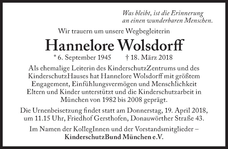  Traueranzeige für Hannelore Wolsdorff vom 18.04.2018 aus Süddeutsche Zeitung