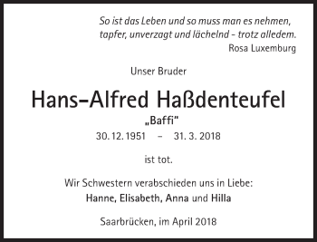 Traueranzeige von Hans-Alfred Haßdenteufel von Süddeutsche Zeitung