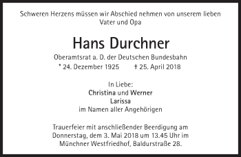 Traueranzeige von Hans Durchner von Süddeutsche Zeitung