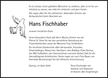 Traueranzeige von Hans Fischhaber von Süddeutsche Zeitung