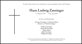 Traueranzeige von Hans Ludwig Zausinger von Süddeutsche Zeitung