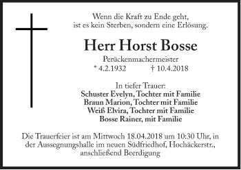 Traueranzeige von Horst Bosse von Süddeutsche Zeitung