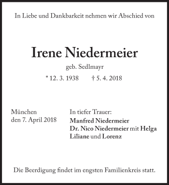 Traueranzeige von Irene Niedermeier von Süddeutsche Zeitung