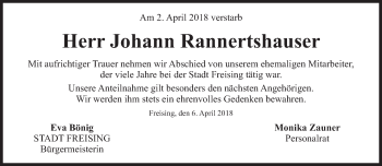 Traueranzeige von Johann Rannertshauser von Süddeutsche Zeitung