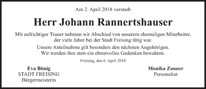  Traueranzeige für Johann Rannertshauser vom 07.04.2018 aus Süddeutsche Zeitung