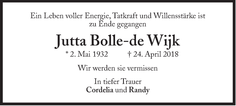  Traueranzeige für Jutta  Bolle-de Wijk vom 28.04.2018 aus Süddeutsche Zeitung