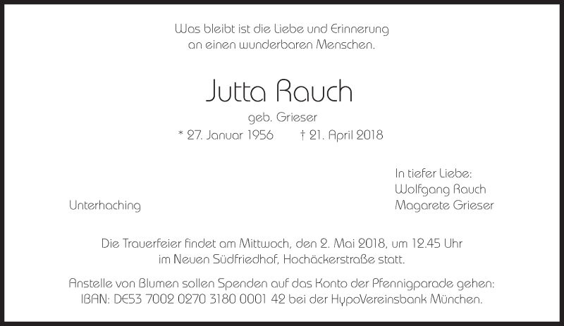  Traueranzeige für Jutta Rauch vom 28.04.2018 aus Süddeutsche Zeitung