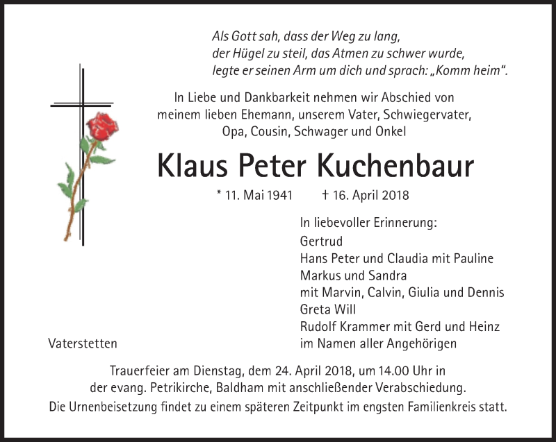  Traueranzeige für Klaus Peter Kuchenbaur vom 20.04.2018 aus Süddeutsche Zeitung