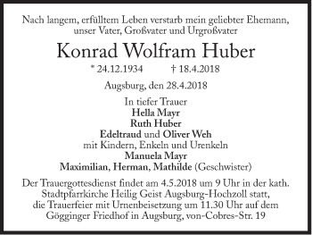 Traueranzeige von Konrad Wolfram Huber von Süddeutsche Zeitung