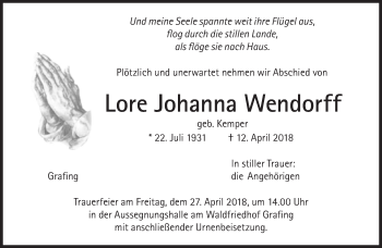 Traueranzeige von Lore Johanna Wendorff von Süddeutsche Zeitung