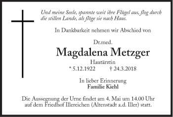 Traueranzeige von Magdalena Metzger von Süddeutsche Zeitung