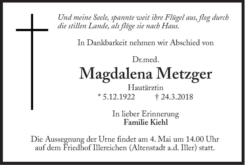  Traueranzeige für Magdalena Metzger vom 07.04.2018 aus Süddeutsche Zeitung
