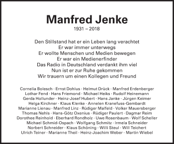 Traueranzeige von Manfred Jenke von Süddeutsche Zeitung