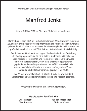 Traueranzeige von Manfred Jenke von Süddeutsche Zeitung