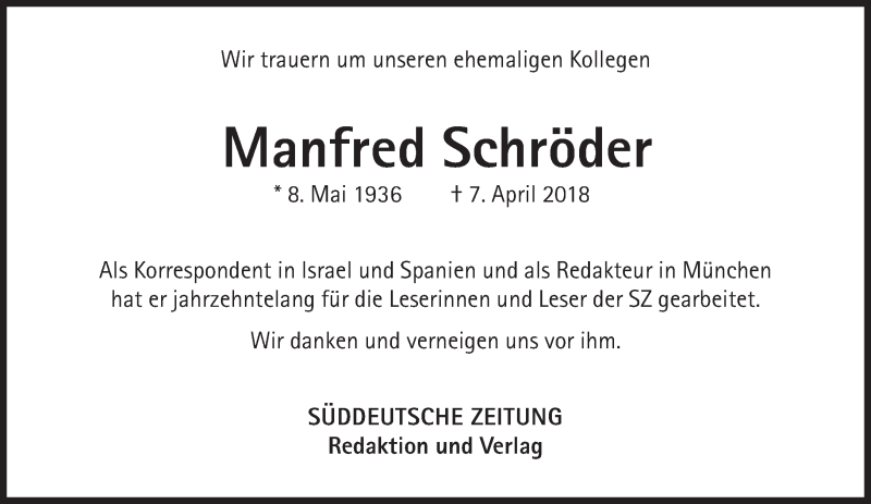  Traueranzeige für Manfred Schröder vom 14.04.2018 aus Süddeutsche Zeitung