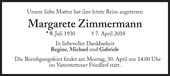Traueranzeige von Margarete Zimmermann von Süddeutsche Zeitung