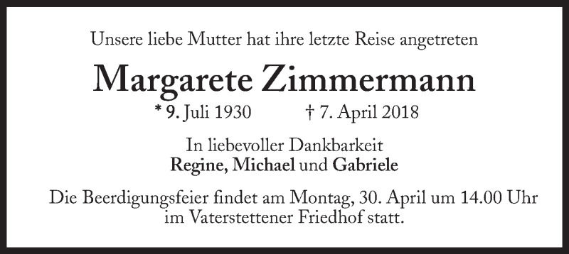  Traueranzeige für Margarete Zimmermann vom 23.04.2018 aus Süddeutsche Zeitung