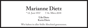 Traueranzeige von Marianne Dietz von Süddeutsche Zeitung