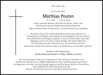 Traueranzeige von Matthias Peuten von Süddeutsche Zeitung