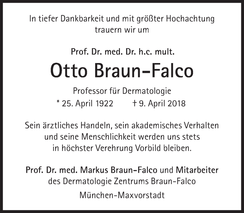  Traueranzeige für Otto Braun-Falco vom 14.04.2018 aus Süddeutsche Zeitung