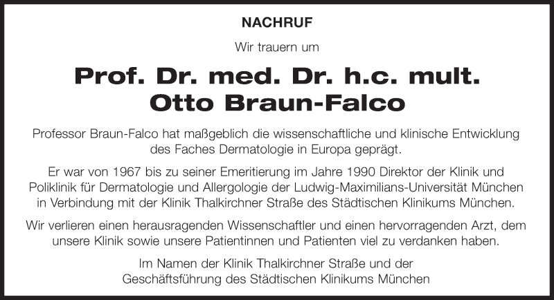  Traueranzeige für Otto Braun-Falco vom 21.04.2018 aus Süddeutsche Zeitung