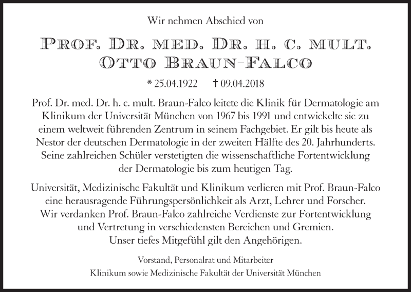  Traueranzeige für Otto Braun-Falco vom 21.04.2018 aus Süddeutsche Zeitung