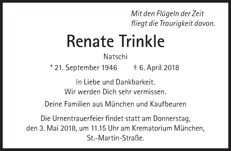  Traueranzeige für Renate Trinkle vom 28.04.2018 aus Süddeutsche Zeitung