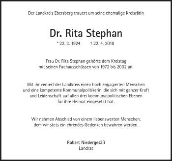 Traueranzeige von Rita Stephan von Süddeutsche Zeitung