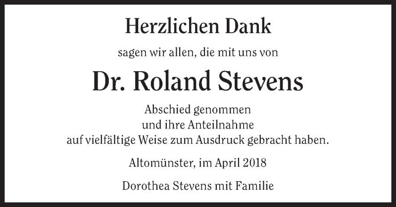  Traueranzeige für Roland Stevens vom 14.04.2018 aus Süddeutsche Zeitung