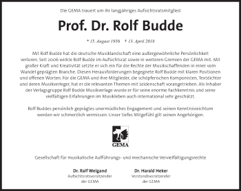 Traueranzeige von Rolf Budde von Süddeutsche Zeitung
