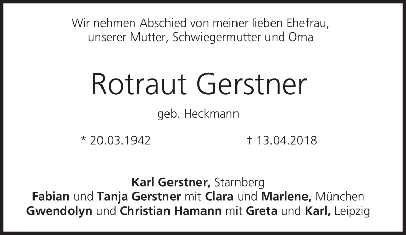  Traueranzeige für Rotraut Gerstner vom 19.04.2018 aus Süddeutsche Zeitung