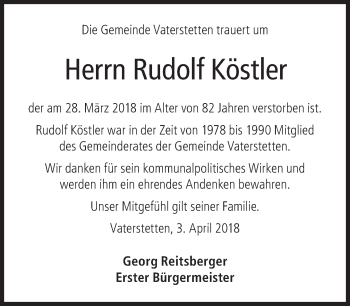 Traueranzeige von Rudolf Köstler von Süddeutsche Zeitung