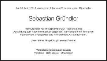 Traueranzeige von Sebastian Gründler von Süddeutsche Zeitung