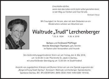 Traueranzeige von Waltrude  Lerchenberger von Süddeutsche Zeitung