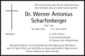 Traueranzeige von Werner Antonius Scharfenberger von Süddeutsche Zeitung