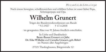 Traueranzeige von Wilhelm Grunert von Süddeutsche Zeitung