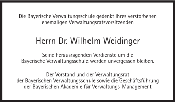 Traueranzeige von Wilhelm Weidinger von Süddeutsche Zeitung